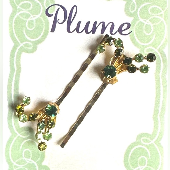 Green Hairpin Set with Two-Tone Green Rhinestones – Repurposed Vintage Jewelry - Picture 1 of 5